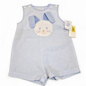 Petit Ami Baby Blue White‎ Seersucker Bunny Romper 9 Months 2665 NWT